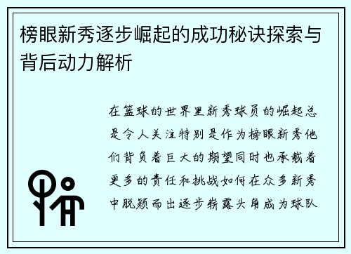 榜眼新秀逐步崛起的成功秘诀探索与背后动力解析 榜眼新秀逐步崛起的成功秘诀探索与背后动力解析