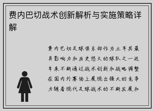 费内巴切战术创新解析与实施策略详解