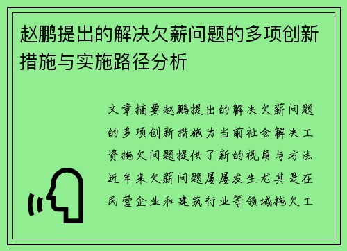 赵鹏提出的解决欠薪问题的多项创新措施与实施路径分析